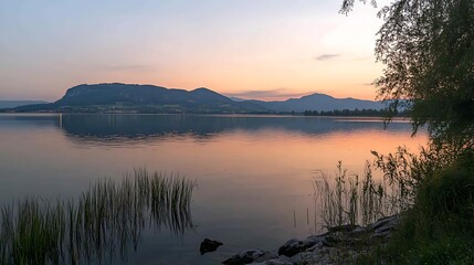 Obraz premium A scenic view of a calm mountain lake at sunset, where the warm tones of the sky are reflected in the clear water, creating a perfect harmony between nature and light 