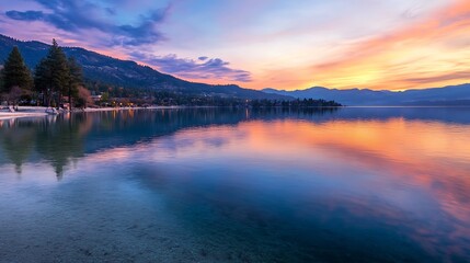 A scenic view of a calm mountain lake at sunset, where the warm tones of the sky are reflected in the clear water, creating a perfect harmony between nature and light 
