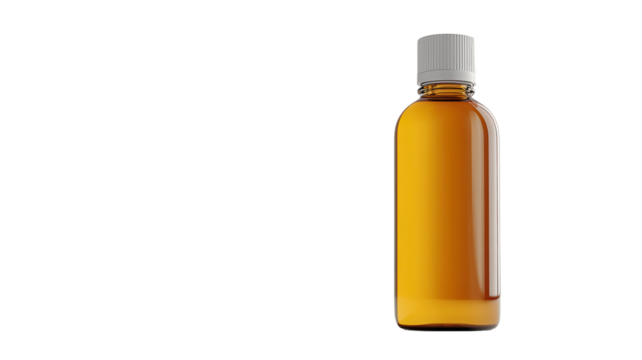Amber bottle filled with liquid on a transparent background showcasing its sleek design and practicality for various uses.