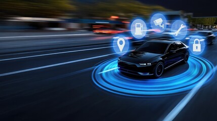 Obraz premium Black car driving on a road with motion blur vehicles and icons, illustrating automated security, vehicle protection, and car cybersecurity