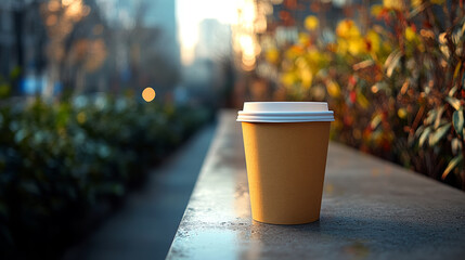 A takeaway coffee cup sits on a wall outdoors, bathed in the warm glow of the setting sun. The blurry background features a city street and vibrant autumnal foliage.