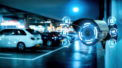 Obraz premium CCTV camera in a nighttime parking lot with security icons and cars in background, representing automated security, vehicle protection, and car cybersecurity
