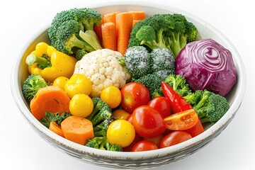 Vegetables Steamed. Mixed Assorted Fresh Vegetables in White Ceramic Bowl, Close-up View