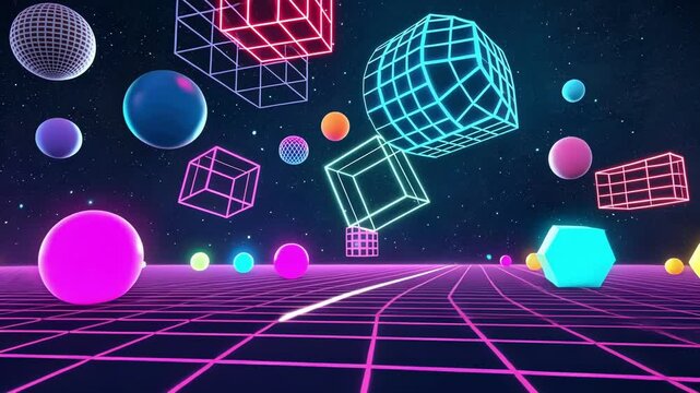 Chroma Sphere The infinite neon grid dances in various hues with sporadic floating spheres and cubic shapes that morph and change color reminiscent of a video game loading screen