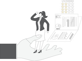 Fototapeta premium Businesswoman standing on the big hand to be reviewed and rated