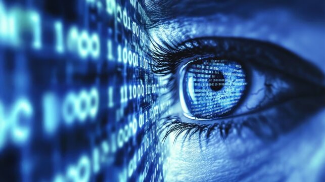 Eye with binary code streaming in the background, representing automated security, vehicle protection, and car cybersecurity