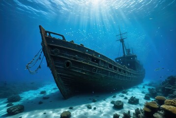 A majestic shipwreck rests on the ocean floor, bathed in a beam of sunlight, with fish swimming around.