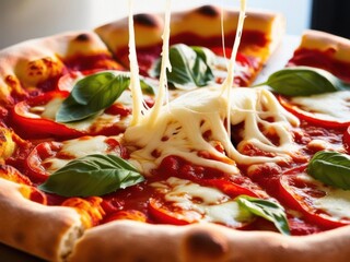Detailed shot of a freshly baked pizza slice, with melted cheese strings, vibrant tomato sauce, and a crispy crust topped with basil leaves.