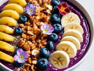 Close-up of a colorful acai bowl topped with fresh banana slices, granola, blueberries, chia seeds, and edible flowers, with vivid colors and textures.