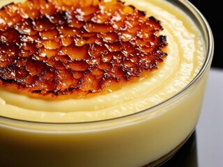 Detailed macro of a creme brulee, highlighting the caramelized, crackly sugar top and the creamy vanilla custard beneath.