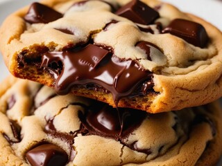 Extreme close-up of a freshly baked chocolate chip cookie, with gooey melted chocolate chunks and a crispy golden edge