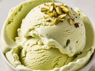 Close-up of a scoop of pistachio ice cream, showcasing the creamy texture, with crushed pistachios sprinkled on top and melting edges.