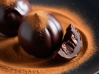 Detailed shot of a chocolate truffle, with a smooth, glossy ganache exterior, topped with fine cocoa powder and a bite revealing its rich center.