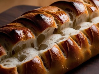 Extreme macro of a crusty baguette, focusing on the deep, caramelized crust with cracks and a soft, airy interior