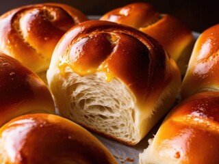 Close-up of a soft brioche bun, showing its shiny, buttery glaze on the surface and pillowy texture inside