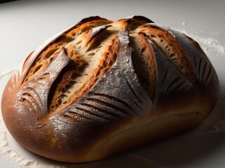 Macro shot of a freshly baked sourdough bread loaf, with a golden-brown crust, intricate scoring patterns, and a light dusting of flour