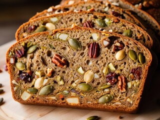 Close-up of a sliced multigrain bread, highlighting the seeds, nuts, and whole grains embedded in the dense, moist crumb.