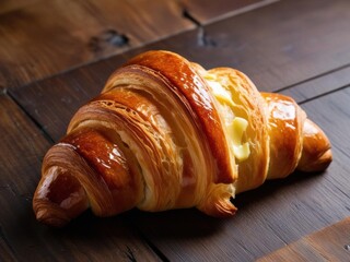 Macro image of a flaky croissant, showing the buttery layers, golden crisp exterior, and delicate crumbs scattered around.