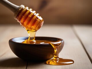 Macro image of honey dripping from a wooden dipper into a bowl, with the light catching the golden, sticky texture