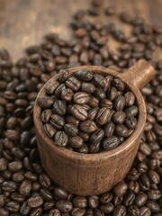 Fototapeta premium Dark roasted coffee beans overflowing from a rustic wooden cup, shadows, robusta, arabica