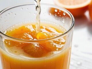 Close-up of a freshly squeezed orange juice glass, focusing on the pulp floating and the condensation droplets on the glass.