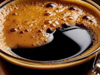 Extreme macro of freshly brewed espresso, with the golden crema bubbling on the surface and rich dark liquid below