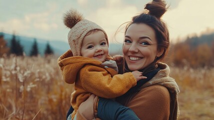 Obraz premium A joyful Caucasian woman lovingly holds her smiling toddler in a scenic autumn landscape.
