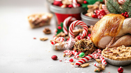 Christmas waste concept. Festive Christmas dinner with turkey, pies, candy canes, and holiday treats