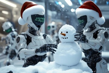 Robots with Santa Hats Building a Snowman Festive AI Winter Scene in a Futuristic Setting
