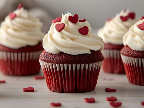 Red Velvet Cupcakes with Love: A delectable trio of red velvet cupcakes, adorned with fluffy vanilla frosting and heart-shaped sprinkles.