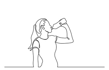 One continuous line drawing of a young woman drinking water from a bottle. line-art sporty Girl drinking water. Healthy life habits of people, health benefit dehydration prevention concept vector.