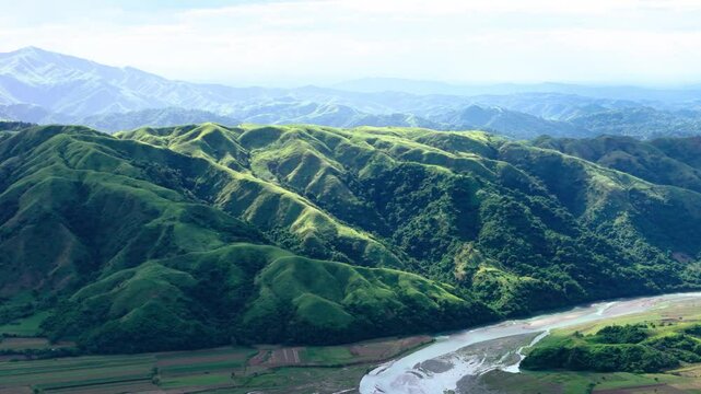 Green mountains and Santur river drone view