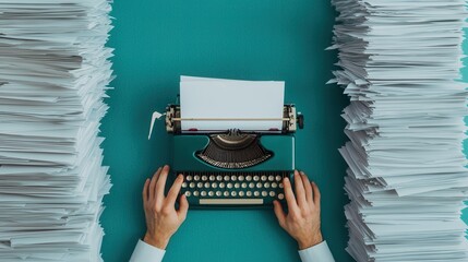 Personal Goals. Vintage typewriter surrounded by stacks of paper on a teal background.