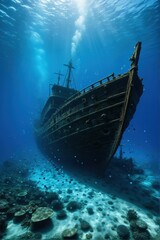 A majestic shipwreck rests on the ocean floor, bathed in a beam of sunlight, with fish swimming around.