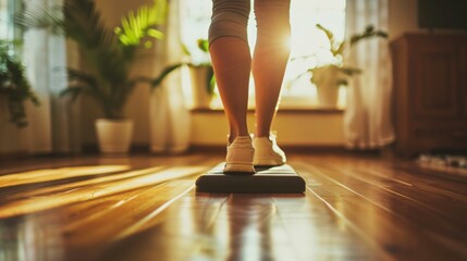 Person performing step exercise on wooden floor with focus on balance and movement, fitness and agility training concept.