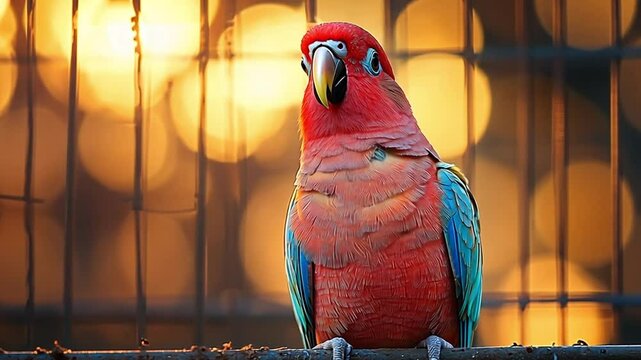 A vibrant parrot perched on a branch, illuminated by a warm sunset backdrop footage