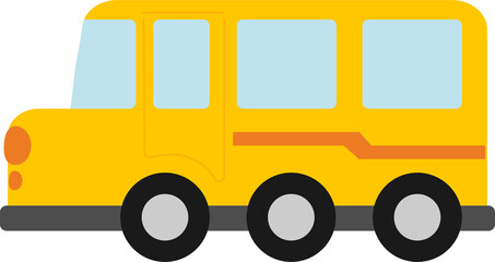 Simple, cartoon-style illustration of a yellow bus. The bus has three wheels on each side, large windows, and a stripe along the side. The bus is depicted in a side view, facing to the left. The desig