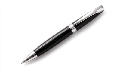 Sleek black ballpoint pen with silver accents isolated on white.