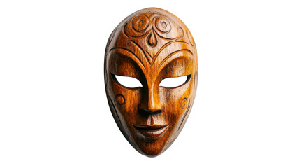 Intricately carved wooden mask with ornate designs displayed against a transparent background, showcasing craftsmanship and cultural significance.