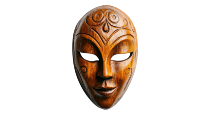 Intricately carved wooden mask with ornate designs displayed against a transparent background, showcasing craftsmanship and cultural significance.