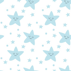 Pattern of light blue stars with closed eyes and small smiles, giving them a sleepy or content expression. These larger stars are interspersed with smaller solid blue stars and blue dots on a white ba