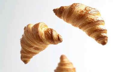 Delicious croissants floating in the air. These flaky pastries are perfect for breakfast or a snack. Soft, buttery, and golden brown, they bring joy to every bite.