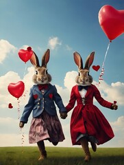 Two bunnies with heart-shaped hearts are jumping across the meadow