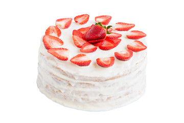 Homemade white cake with strawberries isolated on transparent background, white handmade festive cake decorated with strawberries, holiday food concept, copy space, PNG 