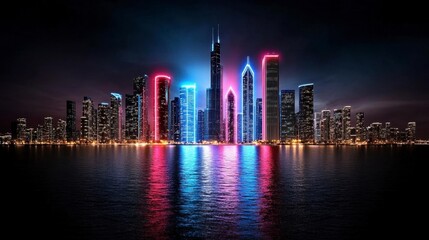 Fototapeta premium A photostock of bright neon futuristic city lights and skyscrapers with red and blue highlights, isolated on a dark background, vibrant and modern, High Quality
