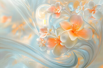 Dreamy floral artwork with delicate orange and white blossoms surrounded by flowing soft blue swirls, evoking elegance, serenity, and artistic beauty for creative inspirations.