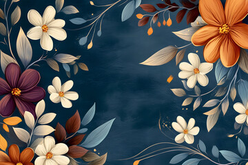 Elegant floral frame with autumn-inspired colors featuring orange, white, and purple flowers on a dark blue background, perfect for invitations, designs, and artistic creativity