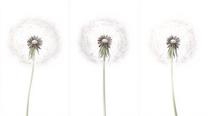 Fototapeta premium Three delicate dandelion puffballs on white background, showcasing their ethereal beauty and intricate details.