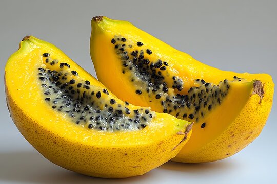 Two slices of ripe, juicy babaco fruit showcasing its vibrant yellow flesh and black seeds.