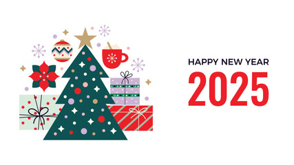 Merry Christmas and Happy New Year 2025 card. Abstract geometric background with typography, Christmas tree and decorations elements. Vector illustration, simple flat, trendy retro. 